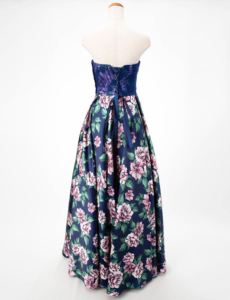 TWEED DRESS(ツイードドレス)のネイビーロングドレス・チュール/ツイルサテン｜TD1827-NYのトルソー全身背面画像です。
