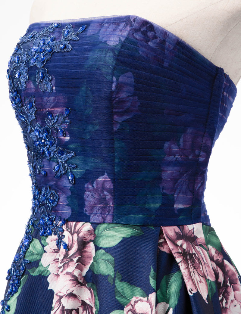 TWEED DRESS(ツイードドレス)のネイビーロングドレス・チュール/ツイルサテン｜TD1827-NYのトルソー上半身斜め画像です。