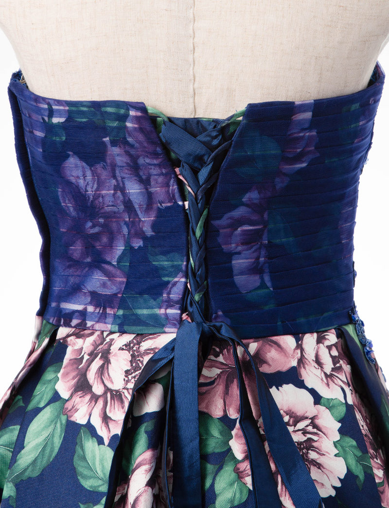TWEED DRESS(ツイードドレス)のネイビーロングドレス・チュール/ツイルサテン｜TD1827-NYのトルソー上半身背面画像です。