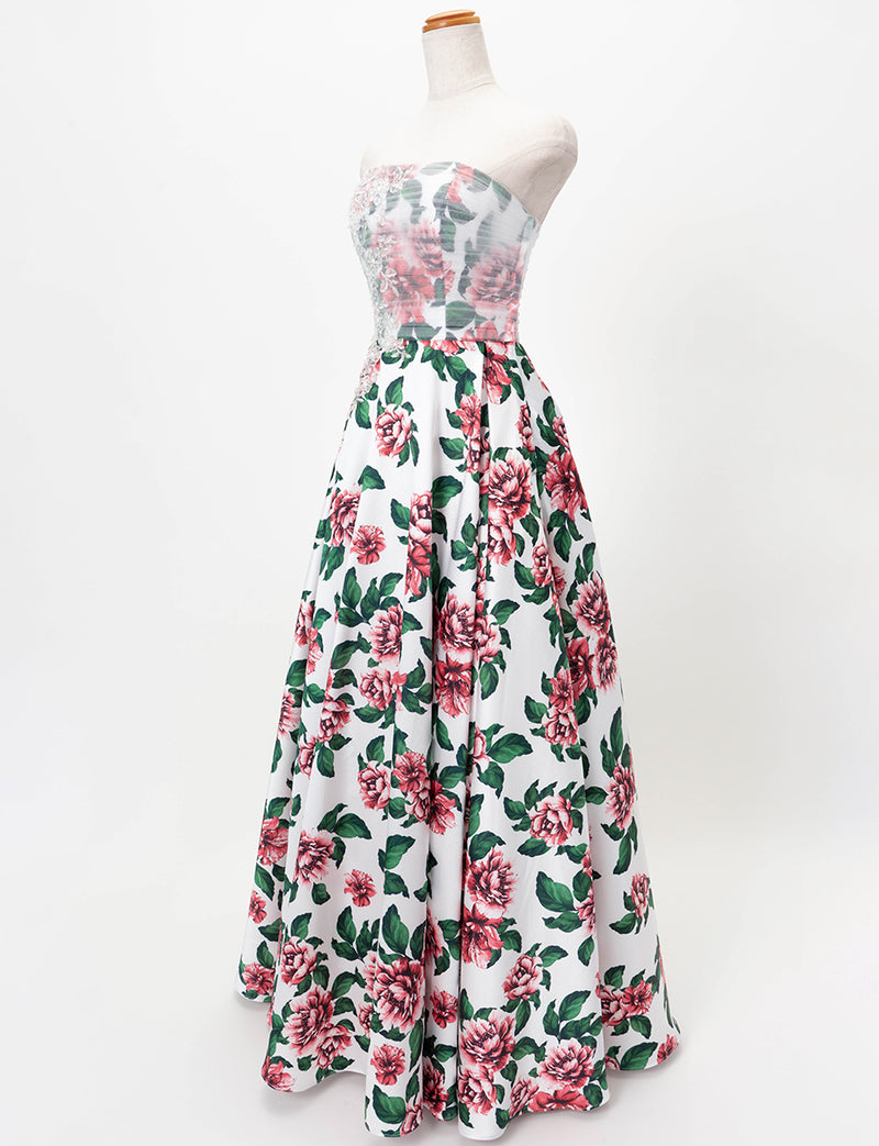 TWEED DRESS(ツイードドレス)のホワイトロングドレス・チュール/ツイルサテン｜TD1827-WTのトルソー全身斜め画像です。