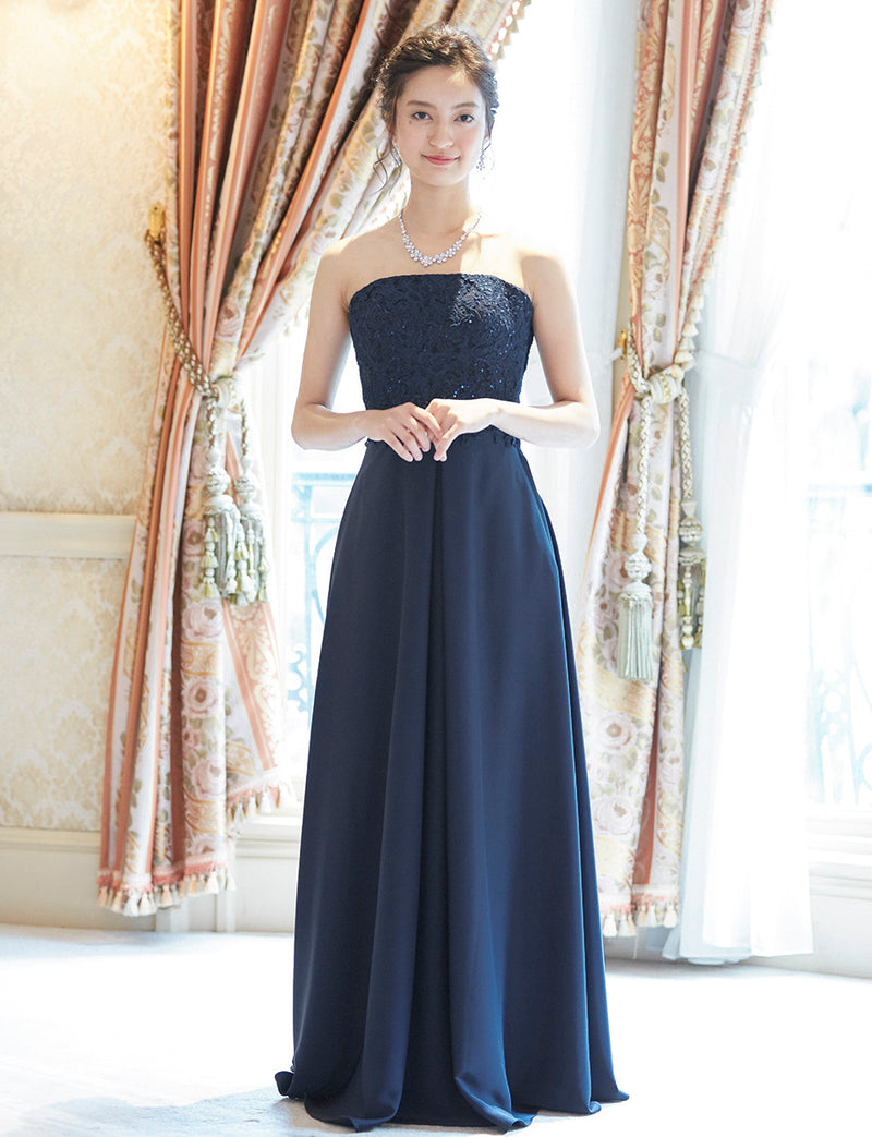 TWEED DRESS(ツイードドレス)のダークネイビーロングドレス・サテン｜TD1830-DNYの全身正面画像です。