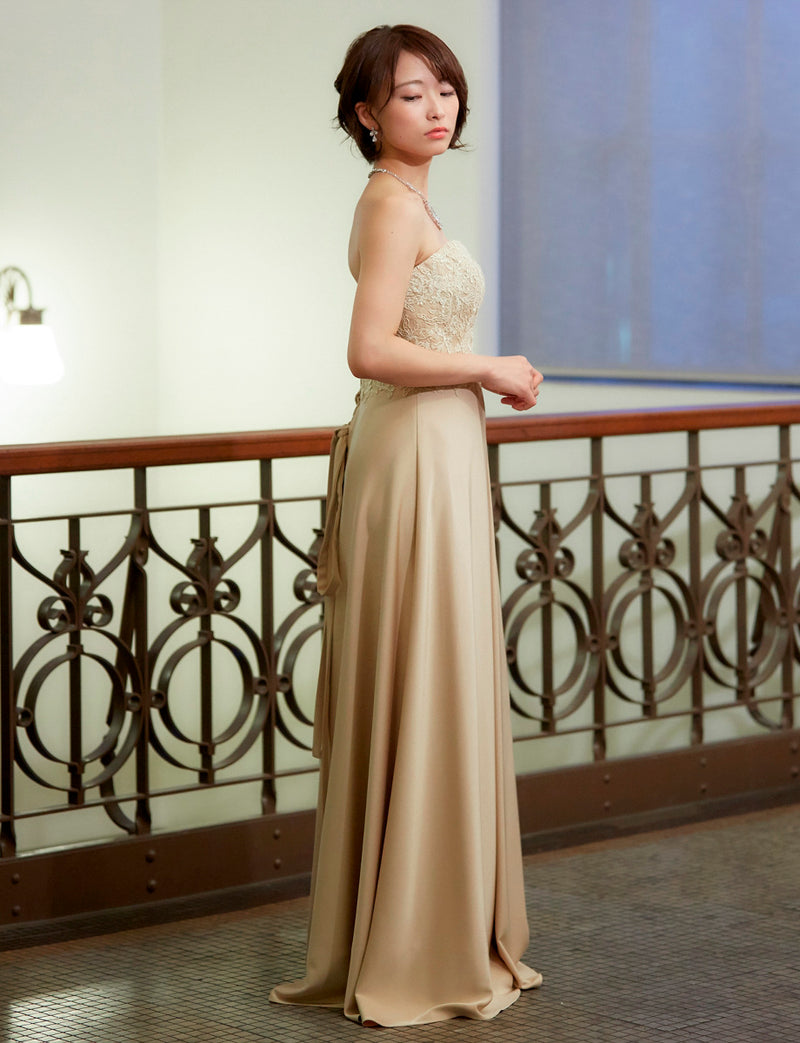 TWEED DRESS(ツイードドレス)のシャンパンゴールドロングドレス・サテン｜TD1830-CGDの全身側面画像です。
