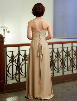 TWEED DRESS(ツイードドレス)のシャンパンゴールドロングドレス・サテン｜TD1830-CGDの全身背面画像です。