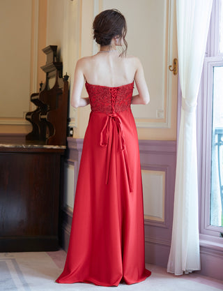TWEED DRESS(ツイードドレス)のレッドロングドレス・サテン｜TD1830-RDの全身背面画像です。