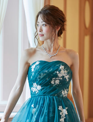 TWEED DRESS(ツイードドレス)のグリーンブラックロングドレス・オーガンジー｜TD1833-GNBKの上半身正面画像です。