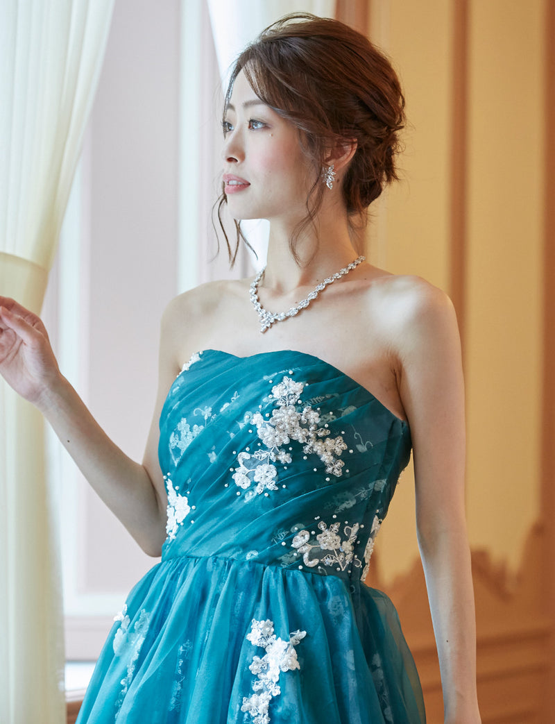 TWEED DRESS(ツイードドレス)のグリーンブラックロングドレス・オーガンジー｜TD1833-GNBKの上半身斜め画像です。