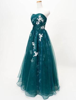 TWEED DRESS(ツイードドレス)のグリーンブラックロングドレス・オーガンジー｜TD1833-GNBKのトルソー全身斜め画像です。