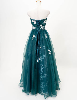 TWEED DRESS(ツイードドレス)のグリーンブラックロングドレス・オーガンジー｜TD1833-GNBKのトルソー全身背面画像です。