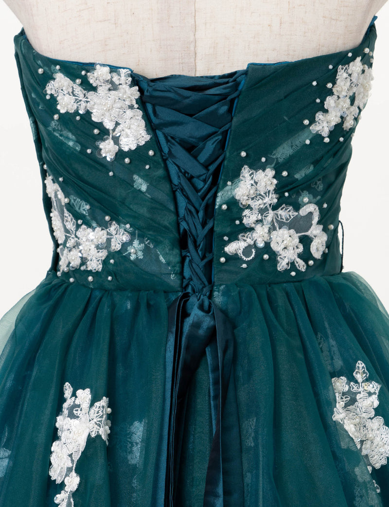 TWEED DRESS(ツイードドレス)のグリーンブラックロングドレス・オーガンジー｜TD1833-GNBKのトルソー上半身背面画像です。