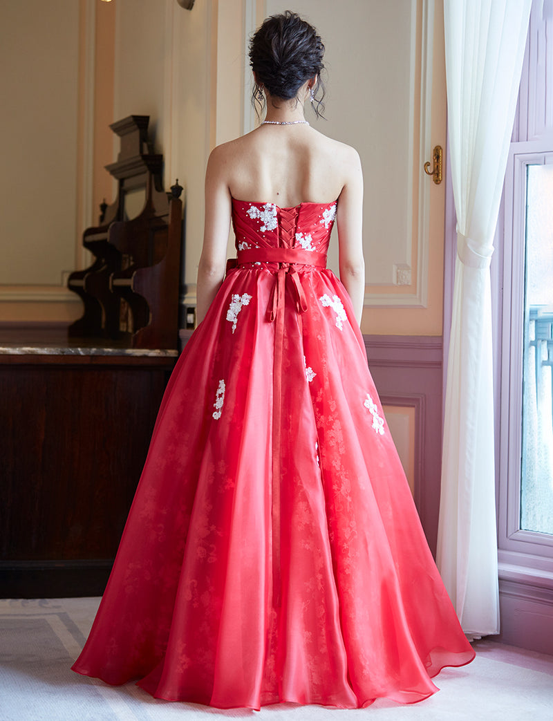 TWEED DRESS(ツイードドレス)のレッドロングドレス・オーガンジー｜TD1833-RDの全身背面画像です。