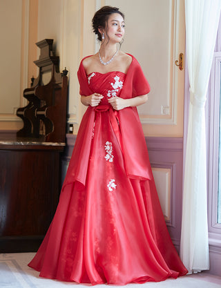 TWEED DRESS(ツイードドレス)のレッドロングドレス・オーガンジー｜TD1833-RDの全身正面ストール着用画像です。