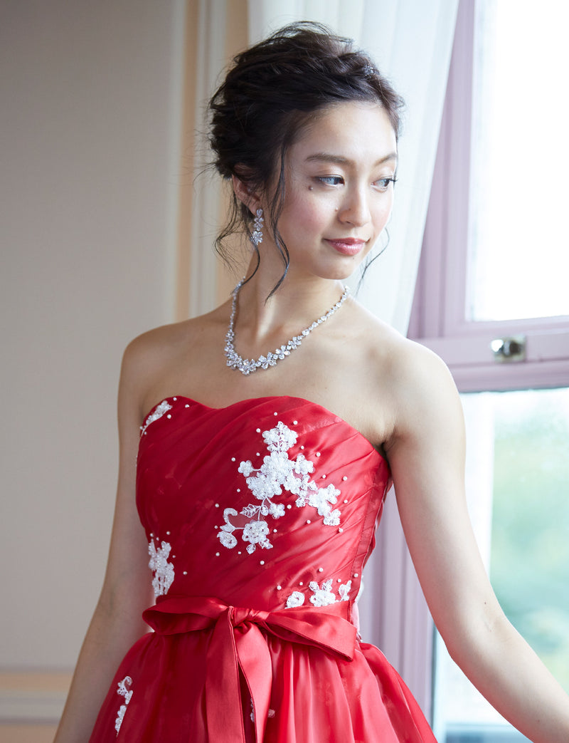 TWEED DRESS(ツイードドレス)のレッドロングドレス・オーガンジー｜TD1833-RDの上半身斜め画像です。