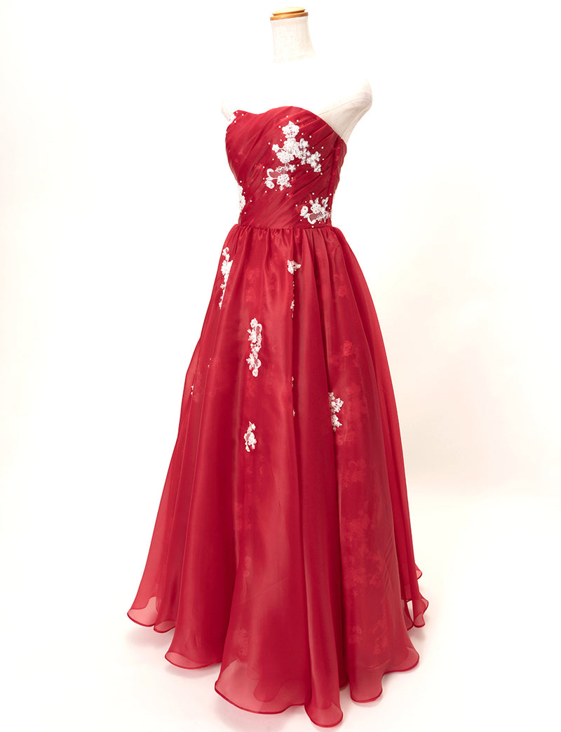TWEED DRESS(ツイードドレス)のレッドロングドレス・オーガンジー｜TD1833-RDのトルソー全身斜め画像です。