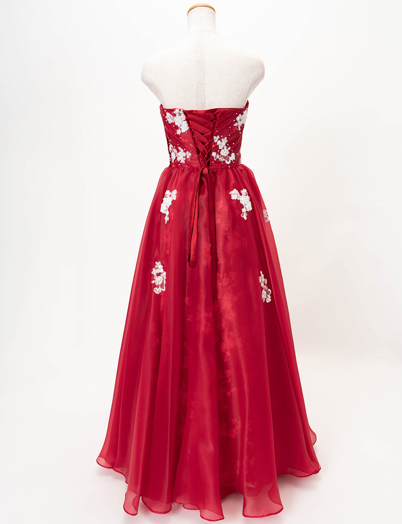 TWEED DRESS(ツイードドレス)のレッドロングドレス・オーガンジー｜TD1833-RDのトルソー全身背面画像です。