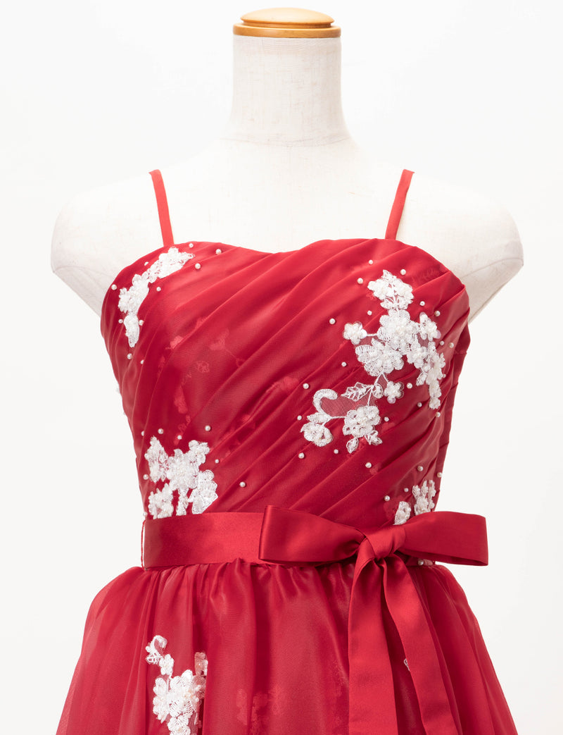 TWEED DRESS(ツイードドレス)のレッドロングドレス・オーガンジー｜TD1833-RDのトルソー上半身正面ストラップ着用画像です。