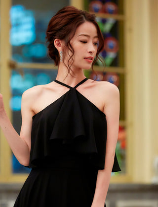 TWEED DRESS(ツイードドレス)のブラックロングドレス・シフォン｜TD1835-BKの上半身正面画像です。