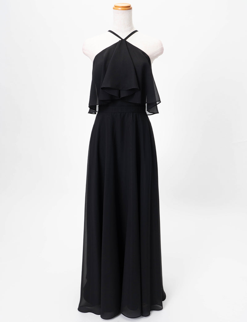 TWEED DRESS(ツイードドレス)のブラックロングドレス・シフォン｜TD1835-BKのトルソー全身正面画像です。