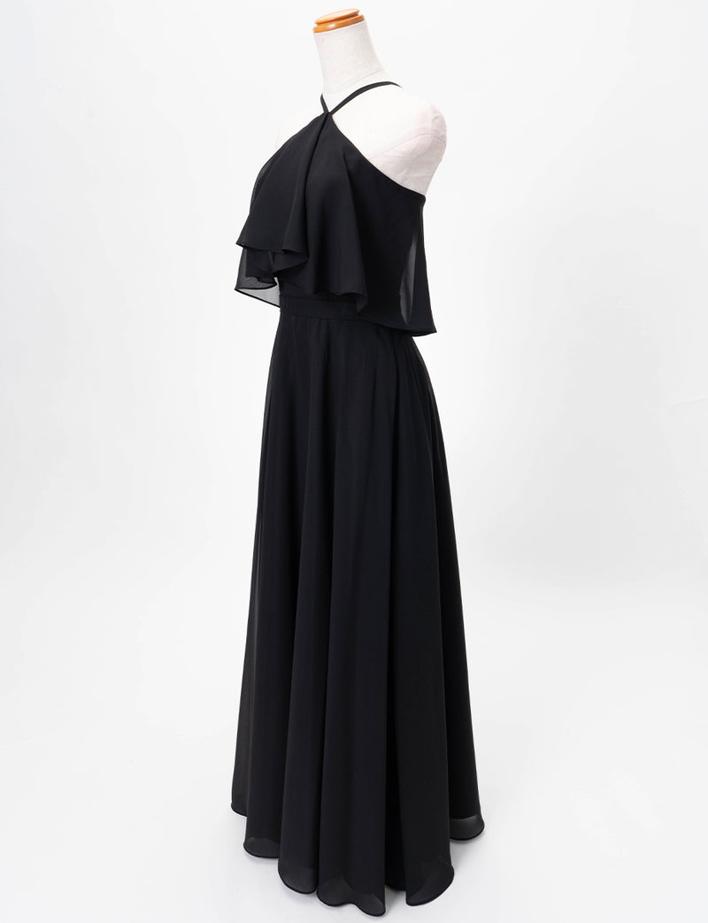 TWEED DRESS(ツイードドレス)のブラックロングドレス・シフォン｜TD1835-BKのトルソー全身斜め画像です。