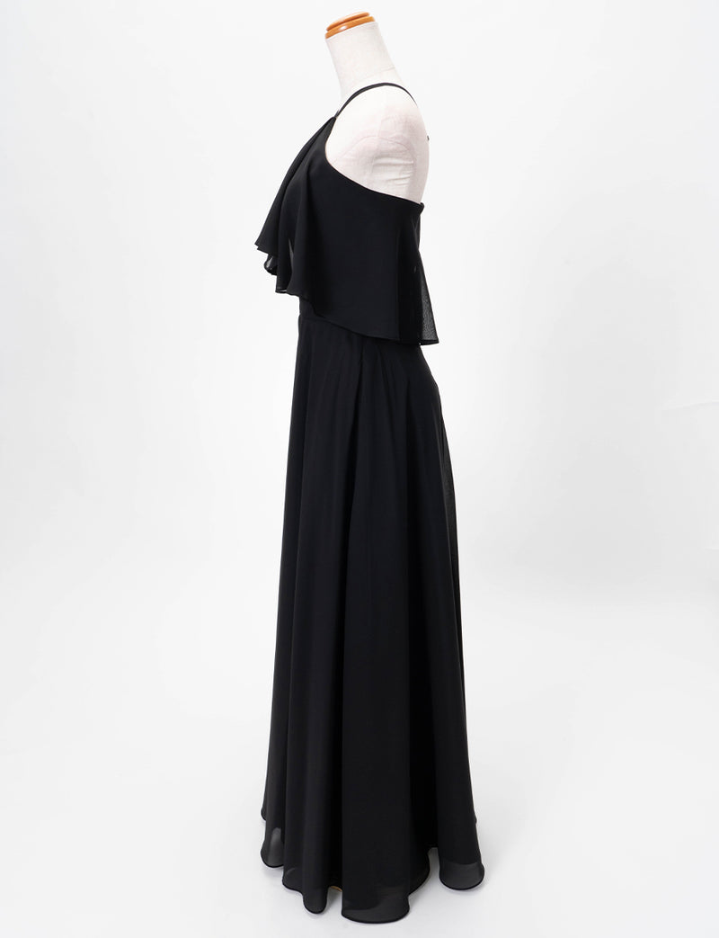 TWEED DRESS(ツイードドレス)のブラックロングドレス・シフォン｜TD1835-BKのトルソー全身側面画像です。