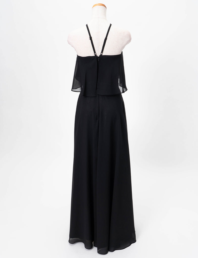 TWEED DRESS(ツイードドレス)のブラックロングドレス・シフォン｜TD1835-BKのトルソー全身背面画像です。