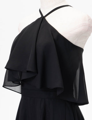 TWEED DRESS(ツイードドレス)のブラックロングドレス・シフォン｜TD1835-BKのトルソー上半身斜め画像です。