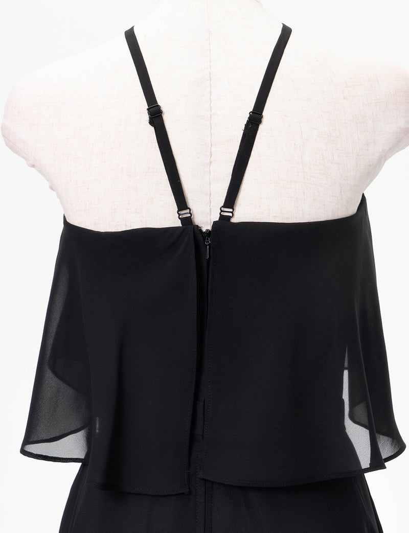 TWEED DRESS(ツイードドレス)のブラックロングドレス・シフォン｜TD1835-BKのトルソー上半身背面画像です。