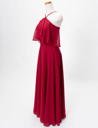 TWEED DRESS(ツイードドレス)のダークレッドロングドレス・シフォン｜TD1835-DRDのトルソー全身斜め画像です。