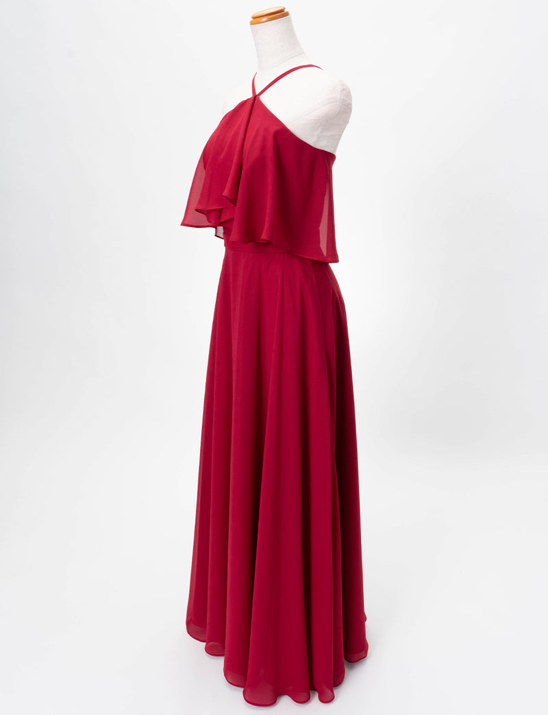 TWEED DRESS(ツイードドレス)のダークレッドロングドレス・シフォン｜TD1835-DRDのトルソー全身斜め画像です。