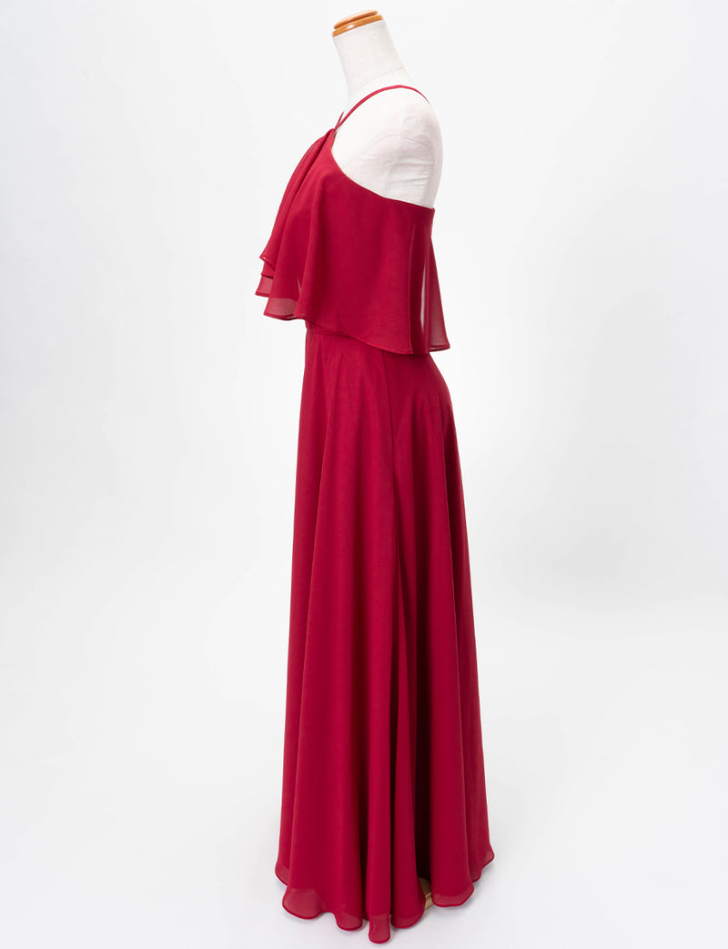TWEED DRESS(ツイードドレス)のダークレッドロングドレス・シフォン｜TD1835-DRDのトルソー全身側面画像です。
