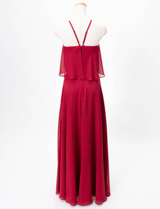 TWEED DRESS(ツイードドレス)のダークレッドロングドレス・シフォン｜TD1835-DRDのトルソー全身背面画像です。