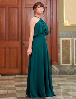 TWEED DRESS(ツイードドレス)のペトロールグリーンロングドレス・シフォン｜TD1835-PTGNの全身斜め画像です。