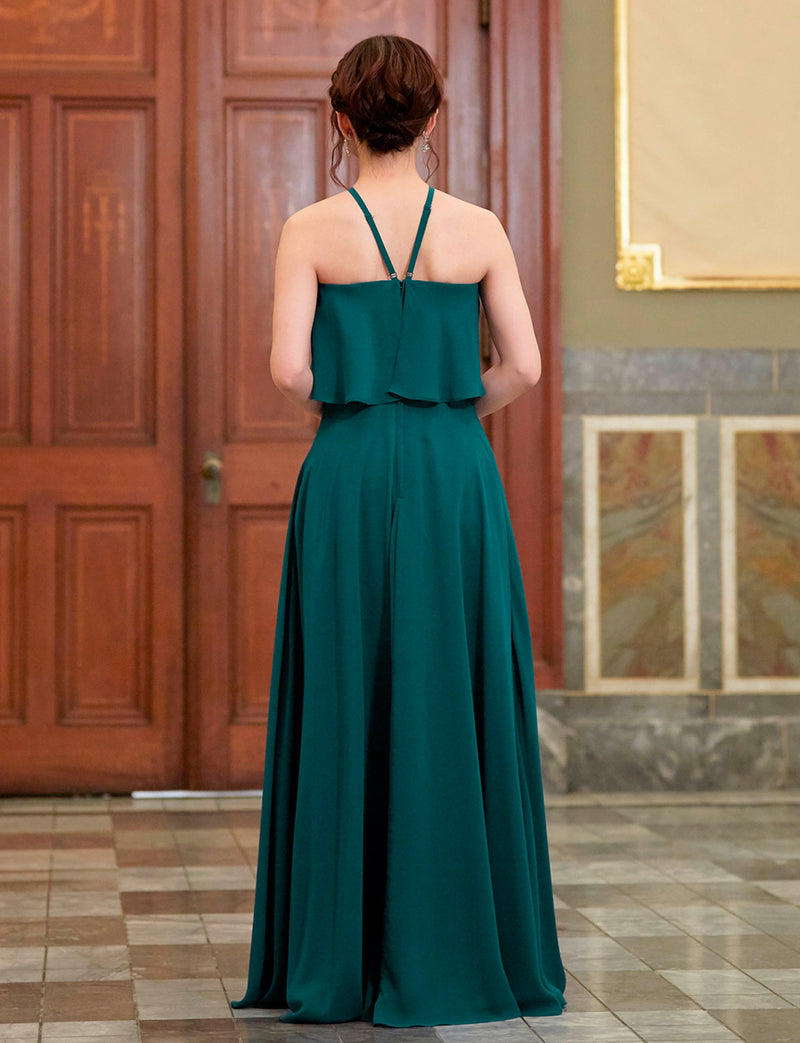 TWEED DRESS(ツイードドレス)のペトロールグリーンロングドレス・シフォン｜TD1835-PTGNの全身背面画像です。