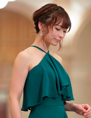 TWEED DRESS(ツイードドレス)のペトロールグリーンロングドレス・シフォン｜TD1835-PTGNの上半身斜め画像です。