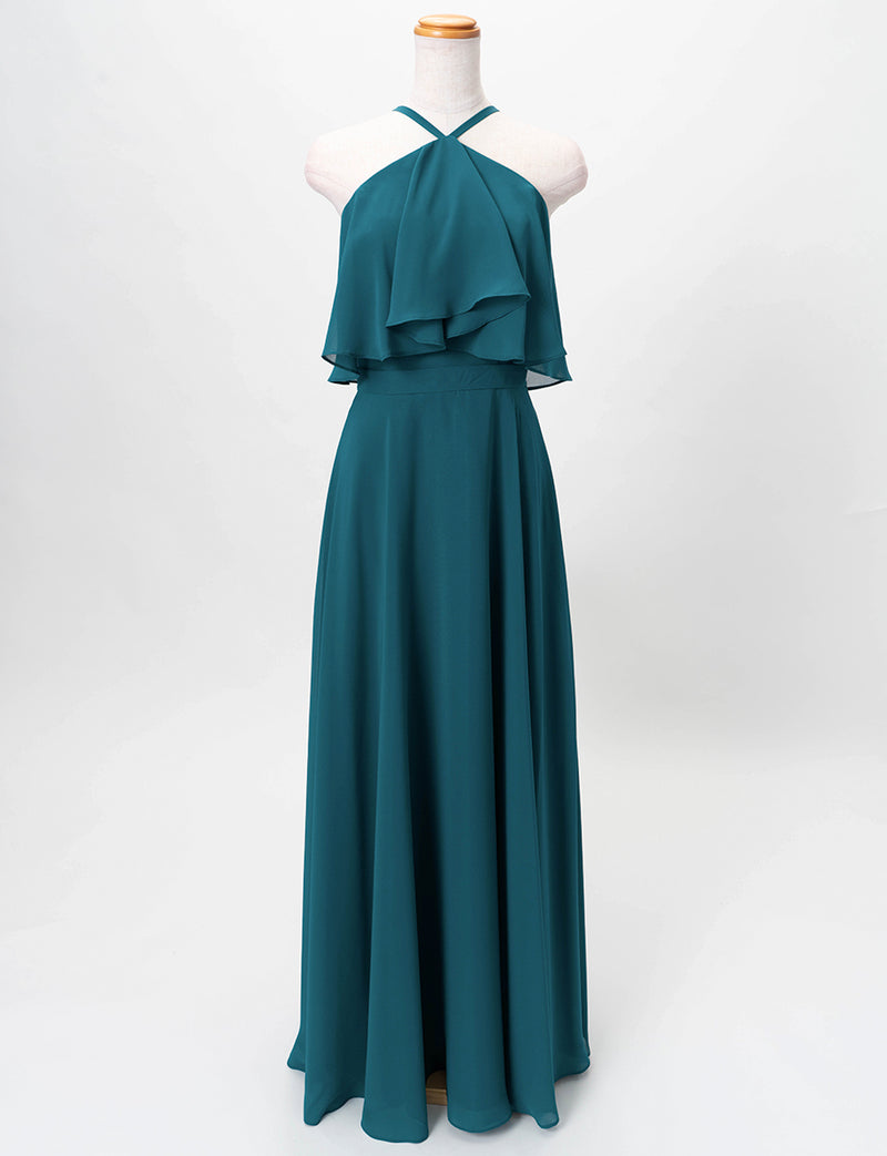 TWEED DRESS(ツイードドレス)のペトロールグリーンロングドレス・シフォン｜TD1835-PTGNのトルソー全身正面画像です。
