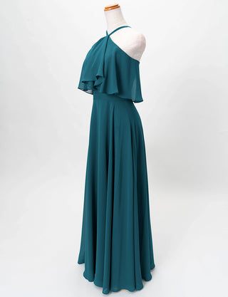 TWEED DRESS(ツイードドレス)のペトロールグリーンロングドレス・シフォン｜TD1835-PTGNのトルソー全身斜め画像です。