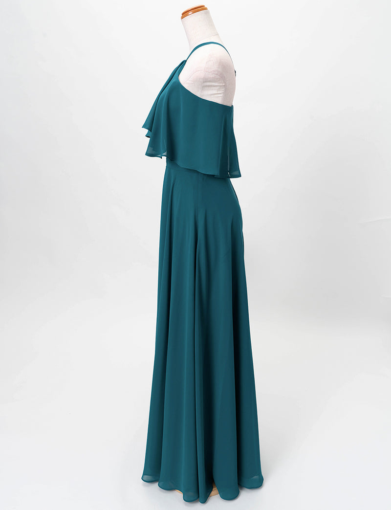 TWEED DRESS(ツイードドレス)のペトロールグリーンロングドレス・シフォン｜TD1835-PTGNのトルソー全身側面画像です。