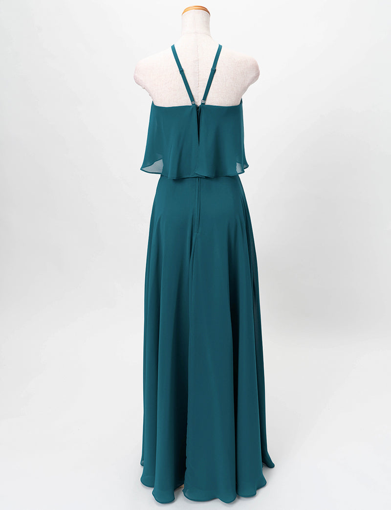 TWEED DRESS(ツイードドレス)のペトロールグリーンロングドレス・シフォン｜TD1835-PTGNのトルソー全身背面画像です。