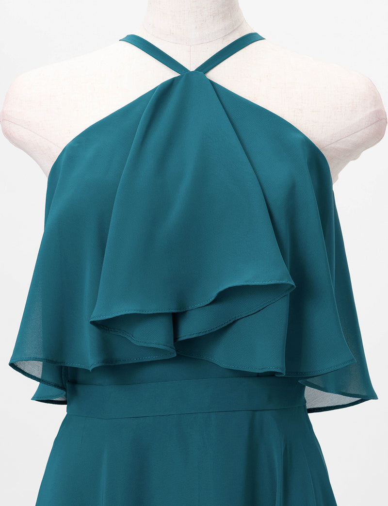 TWEED DRESS(ツイードドレス)のペトロールグリーンロングドレス・シフォン｜TD1835-PTGNのトルソー上半身正面画像です。