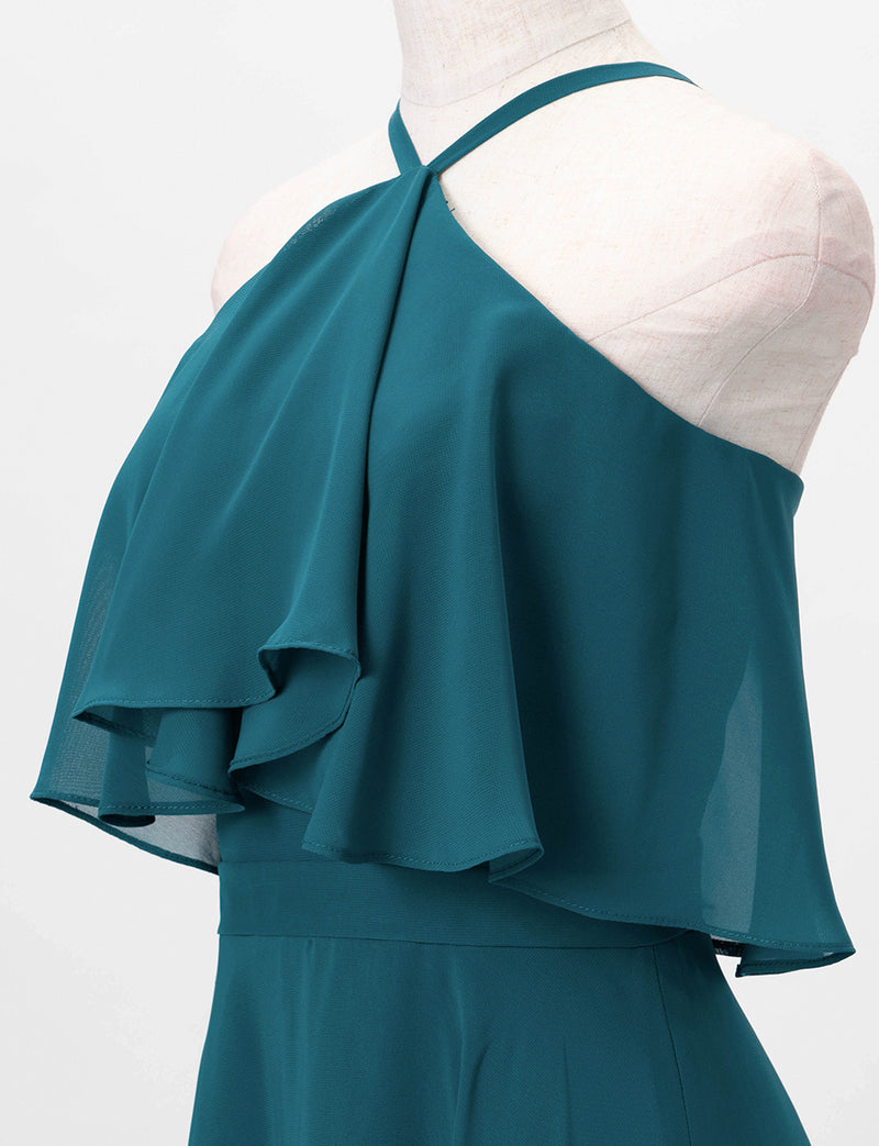 TWEED DRESS(ツイードドレス)のペトロールグリーンロングドレス・シフォン｜TD1835-PTGNのトルソー上半身斜め画像です。