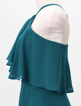 TWEED DRESS(ツイードドレス)のペトロールグリーンロングドレス・シフォン｜TD1835-PTGNのトルソー上半身側面画像です。