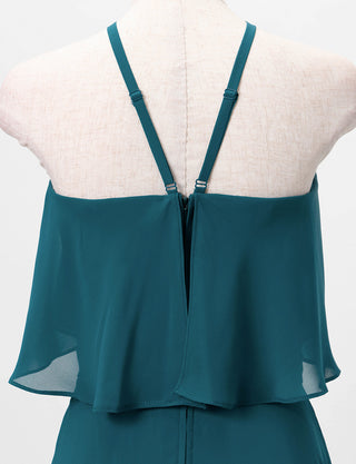 TWEED DRESS(ツイードドレス)のペトロールグリーンロングドレス・シフォン｜TD1835-PTGNのトルソー上半身背面画像です。