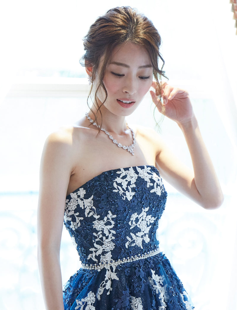 TWEED DRESS(ツイードドレス)のダークネイビーロングドレス・チュール｜TD1837-DNYの上半身斜め画像です。
