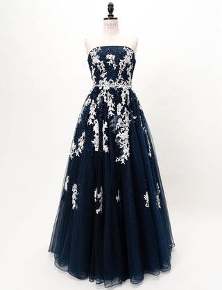 TWEED DRESS(ツイードドレス)のダークネイビーロングドレス・チュール｜TD1837-DNYのトルソー全身正面画像です。