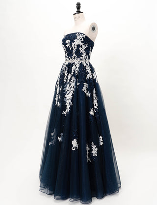 TWEED DRESS(ツイードドレス)のダークネイビーロングドレス・チュール｜TD1837-DNYのトルソー全身斜め画像です。