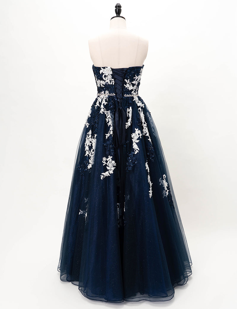 TWEED DRESS(ツイードドレス)のダークネイビーロングドレス・チュール｜TD1837-DNYのトルソー全身背面画像です。