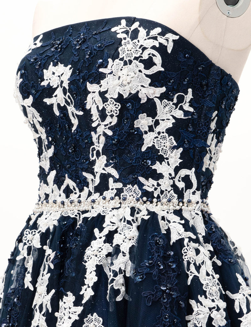 TWEED DRESS(ツイードドレス)のダークネイビーロングドレス・チュール｜TD1837-DNYのトルソー上半身斜め画像です。