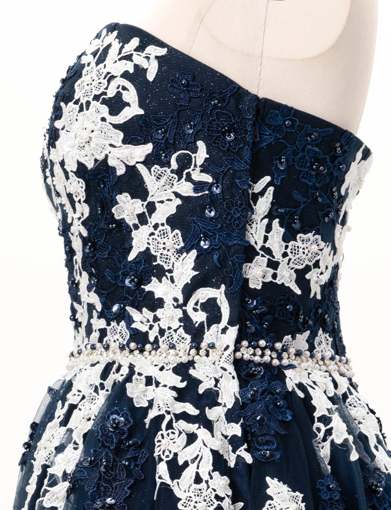 TWEED DRESS(ツイードドレス)のダークネイビーロングドレス・チュール｜TD1837-DNYのトルソー上半身側面画像です。