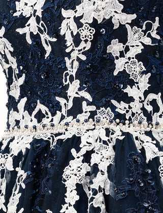 TWEED DRESS(ツイードドレス)のダークネイビーロングドレス・チュール｜TD1837-DNYのウエストビジュ装飾拡大画像です。