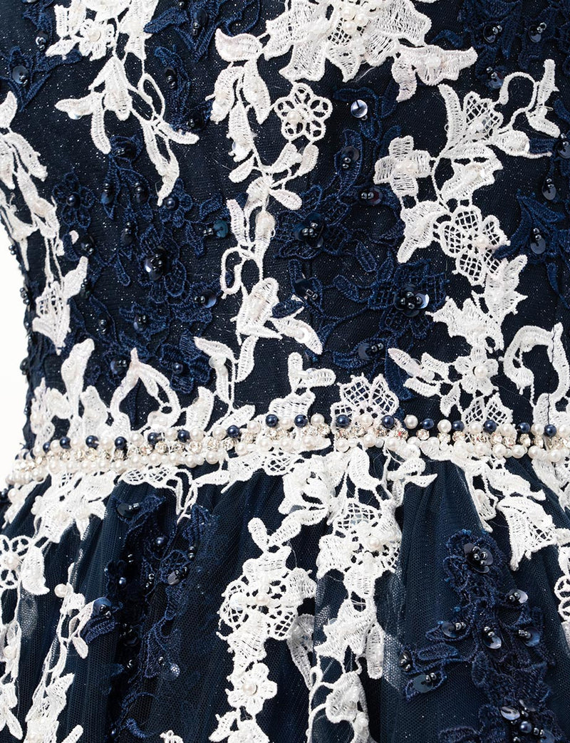 TWEED DRESS(ツイードドレス)のダークネイビーロングドレス・チュール｜TD1837-DNYのウエストビジュ装飾拡大画像です。