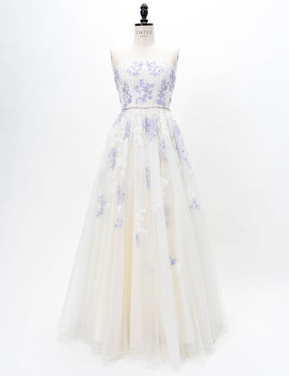 TWEED DRESS(ツイードドレス)のアイボリー×ラベンダーロングドレス・チュール｜TD1837-IYLVのトルソー全身正面画像です。